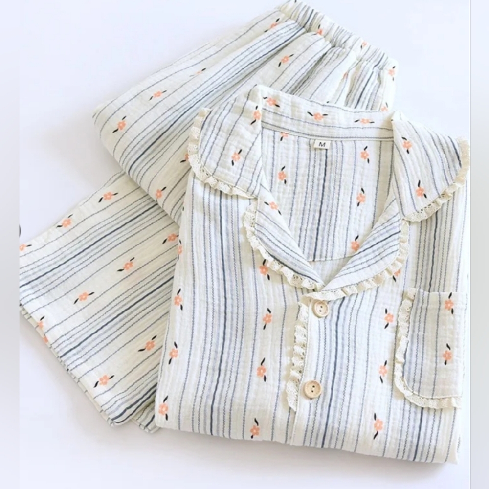 NWT Handmade 100% Muslin Cotton Blue Stripe Pajamas - XL